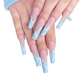24pcs Long Square Blue False Nail & 1sheet Tape